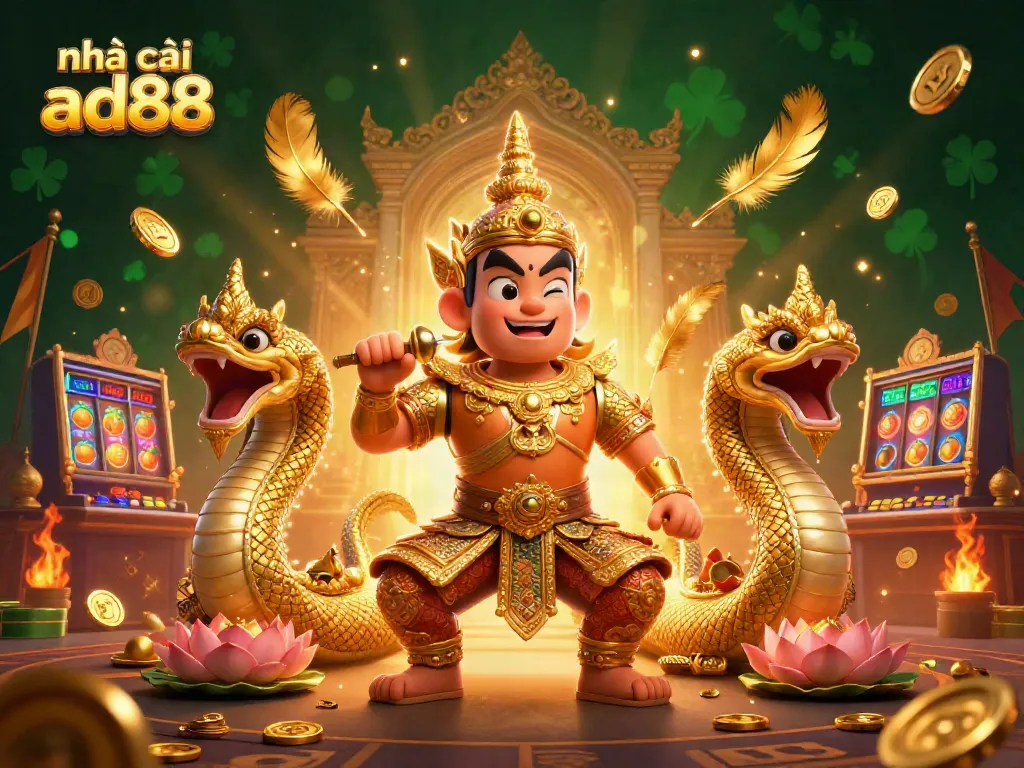 Engage with nhà cái ad88's thrilling casino experience featuring lucky symbols and vibrant characters.