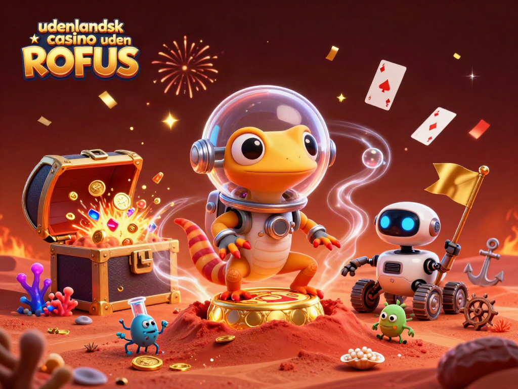 Win big at udenlandsk casino uden ROFUS featuring Martian gecko and robot rover discovering treasure.