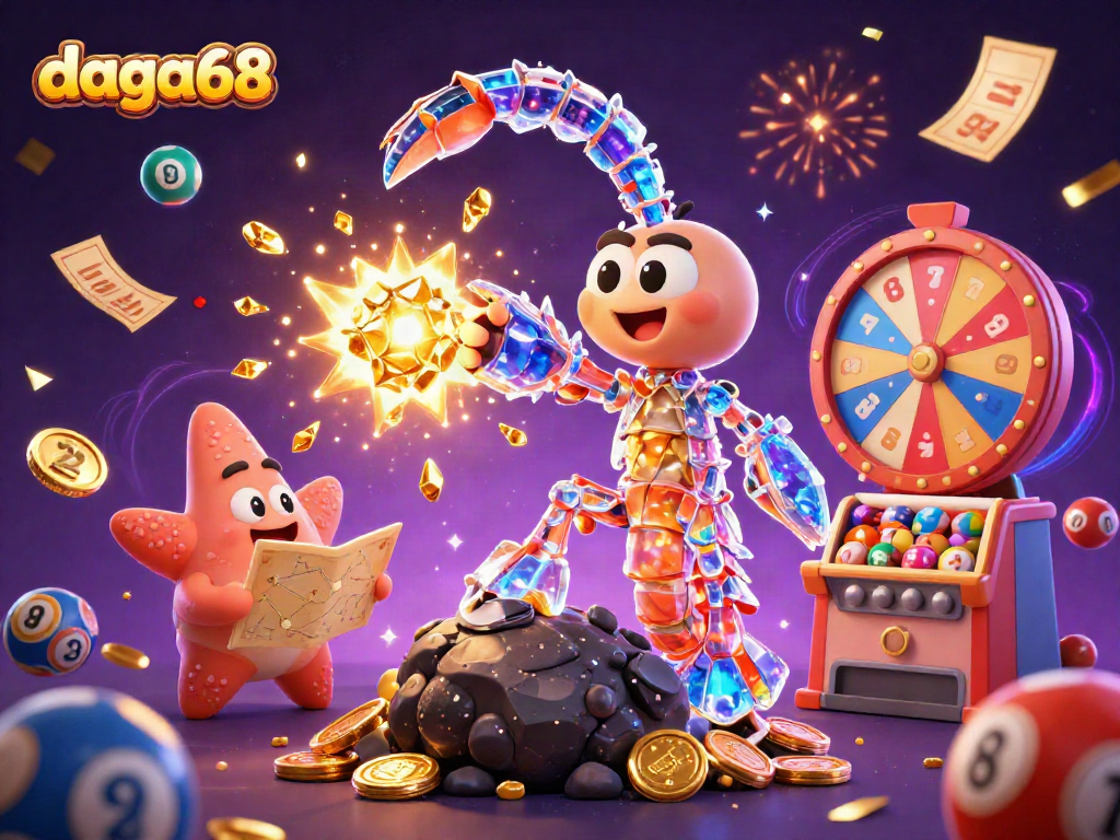 daga68 showcases a 3D mantis shrimp battling through gems and lottery elements in an engaging casino scene.