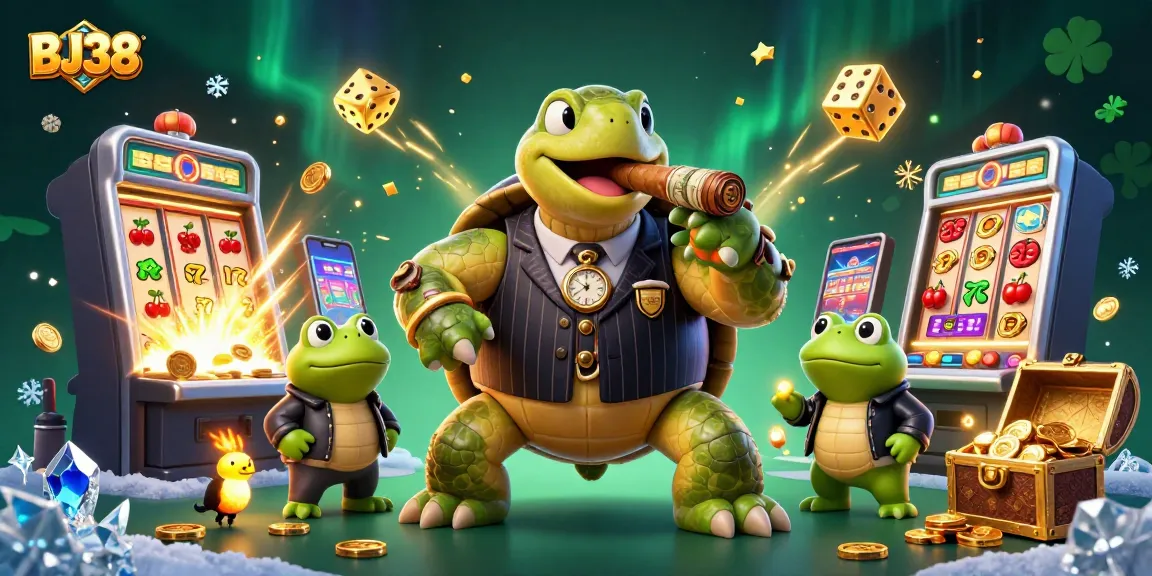 Experience thrilling jackpots at BJ38 with a jaw-dropping casino-themed scene featuring a turtle mobster.