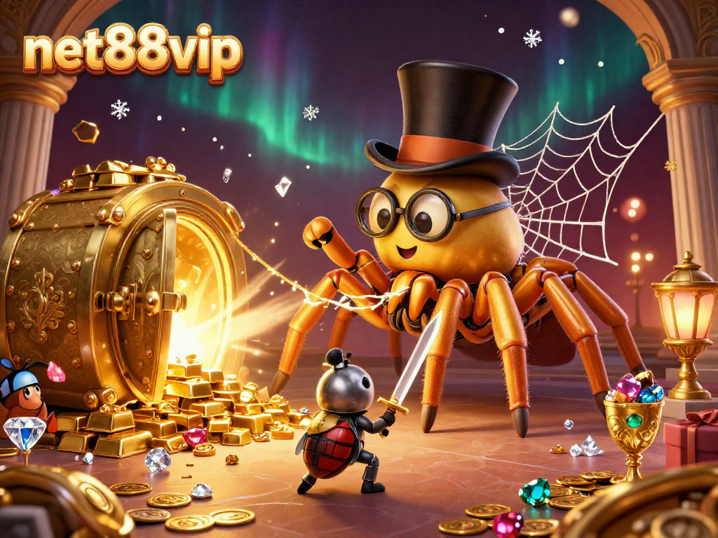 Engage in the vibrant world of net88vip with a golden tarantula, knight, and mesmerizing casino treasures.