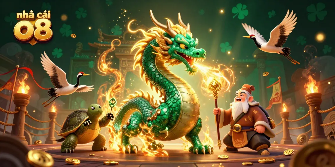 Experience exciting gameplay at nhà cái o8 with a dynamic scene featuring a jade dragon and lucky cranes.