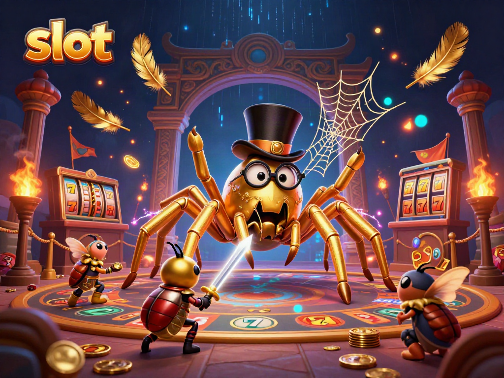 Engaging scene of a golden tarantula and beetle knight amid slot machine elements and casino décor.
