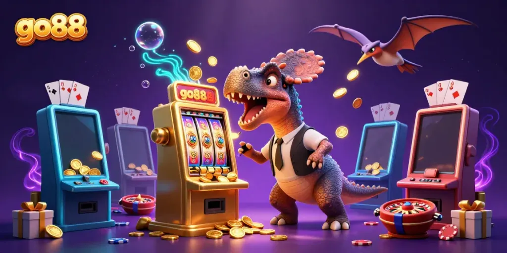 Experience thrilling wins with go88 as a pachycephalosaurus jackpots on a golden slot machine in a vibrant casino scene.