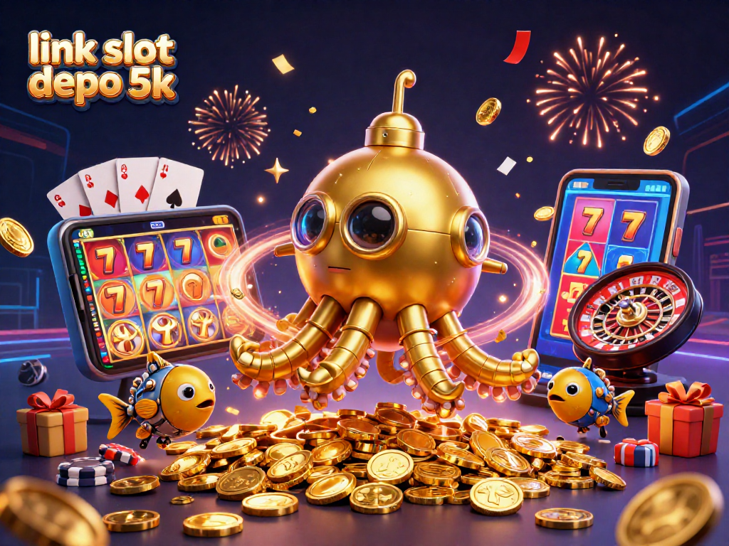 Spin to win with link slot depo 5k, featuring a vibrant 3D casino illustration.