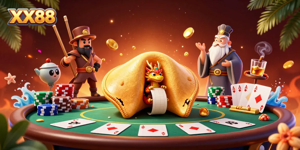 Engaging 3D scene showcasing XX88 with a golden fortune cookie, poker elements, and dynamic casino atmosphere.