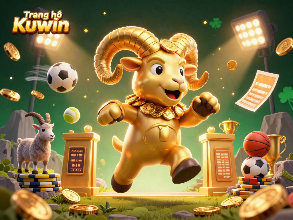 Experience the thrill at Trang chủ Kuwin with a dynamic 3D depiction of golden ram charging through a vibrant casino.