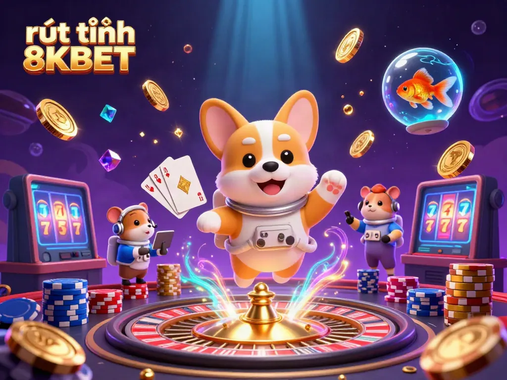Experience rút tiền 8KBET with a floating corgi astronaut and vibrant casino elements in zero gravity.