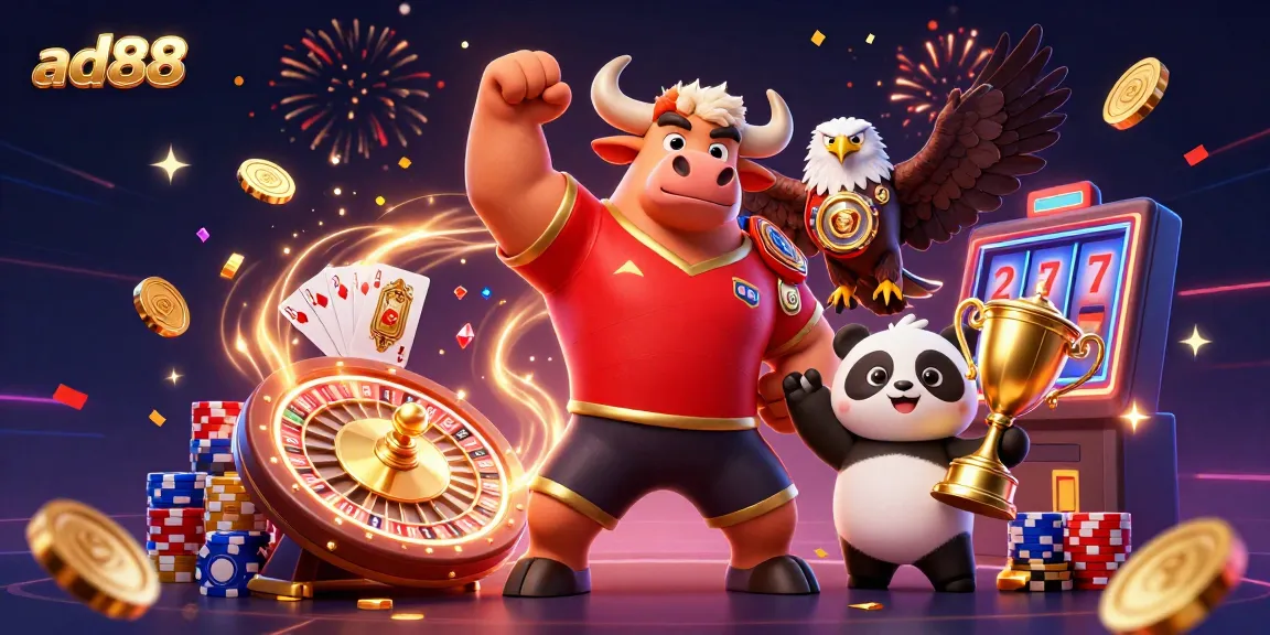 Experience the thrill of ad88 with a victory pose by a muscular bull, eagle, and panda, amidst gaming elements.