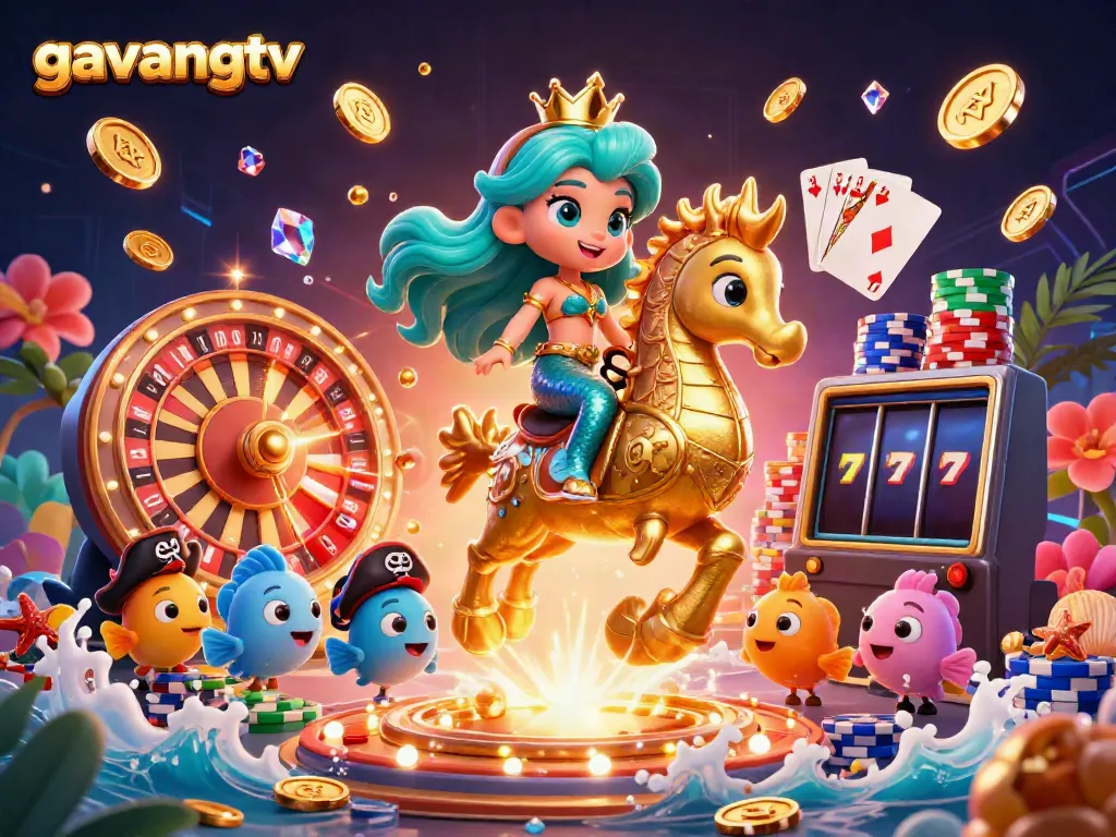 Engaging action scene of a mermaid and her friends celebrating jackpot wins at gavangtv, surrounded by colorful casino elements.