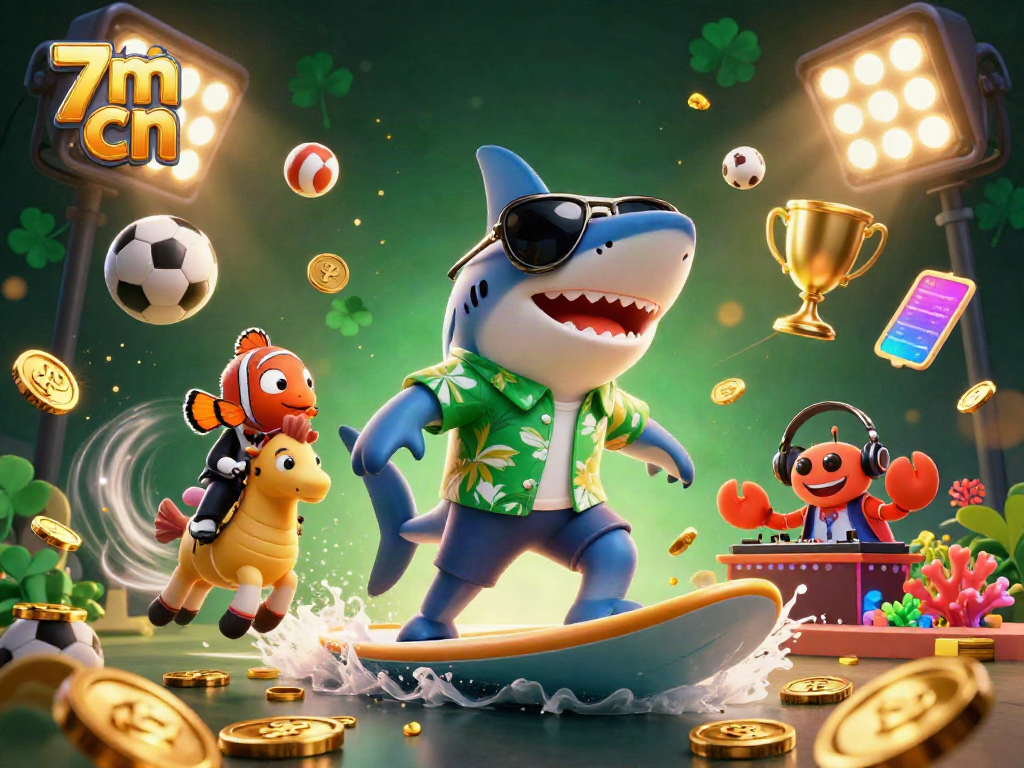 Engage with the thrilling world of 7m cn as a shark rides waves of gold, showcasing vibrant sports elements.