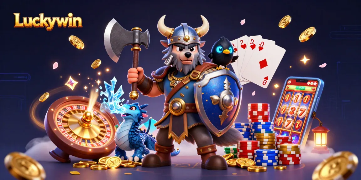Engage with Luckywin's thrilling atmosphere featuring a Viking wolf warrior, dragon, and vibrant casino elements.