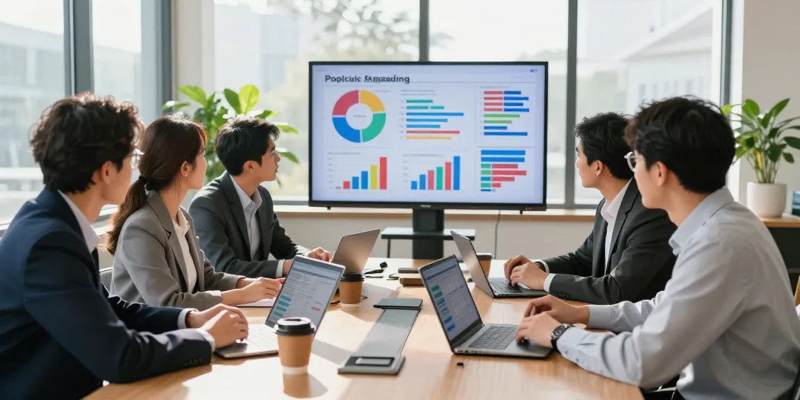 Political social media management team analyzing data in a modern office meeting.