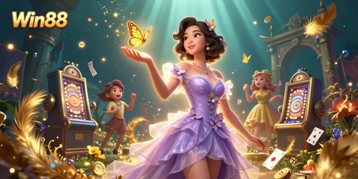 Win88 captivates with a stunning Asian woman in a casino-themed fantasy, highlighting engaging slots and vibrant game elements.