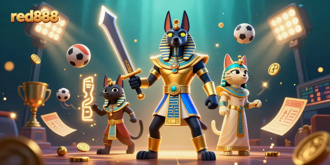 Experience the vibrant energy of red888 sports betting with Anubis and Bastet in a dynamic scene.