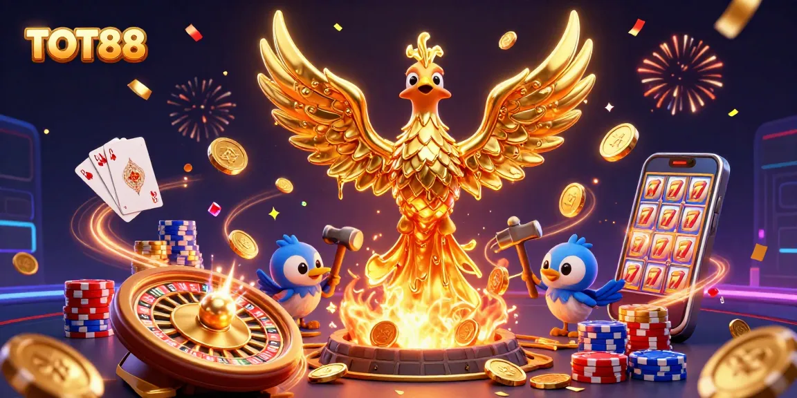 Engage with the spectacular golden phoenix and gaming excitement at TOT88 in this dynamic 3D casino scene.