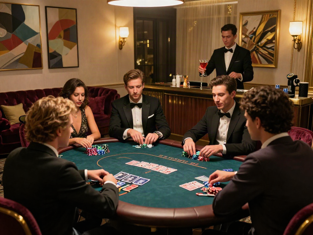 Suasana mewah kasino online luxury12 dengan permainan poker dan dekorasi elegan.
