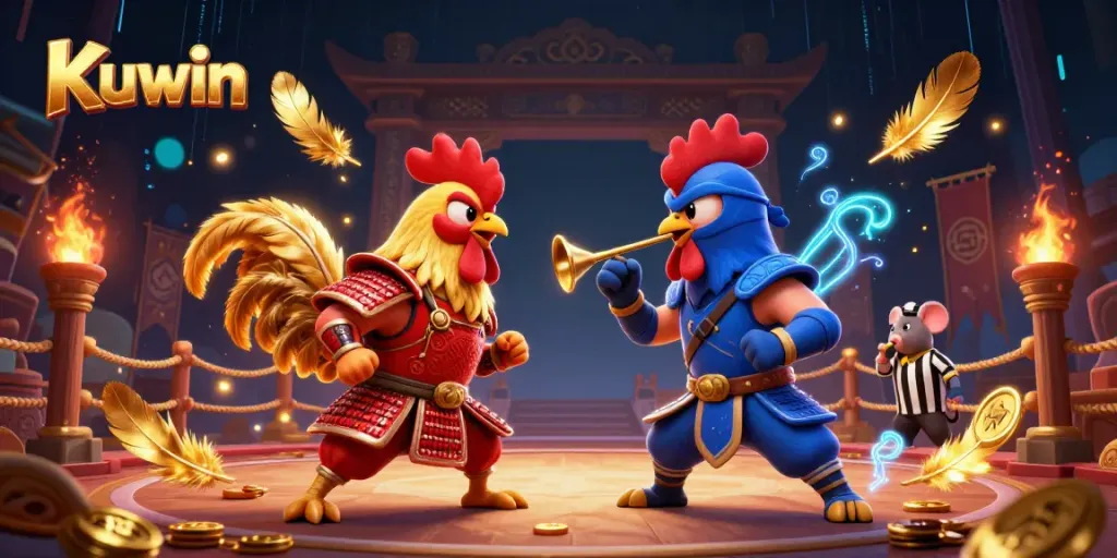 Kuwin showcases an epic duel between 3D roosters in samurai and ninja outfits, highlighting a thrilling cockfighting scene.