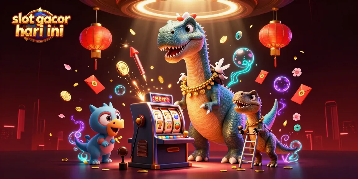 Engage with slot gacor hari ini featuring a towering dinosaur presiding over a lively casino scene with animated slot machines and vibrant elements.