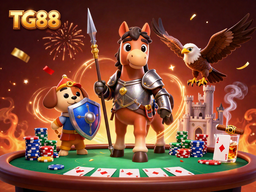 Engage with TG88's dynamic casino scene featuring a knight, squire, and falcon at a poker table.