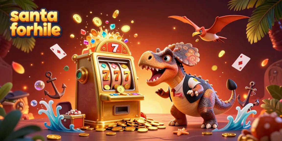 Catch winning jackpots with a vibrant santa for hire spectacle of animated dinosaurs and casino elements.
