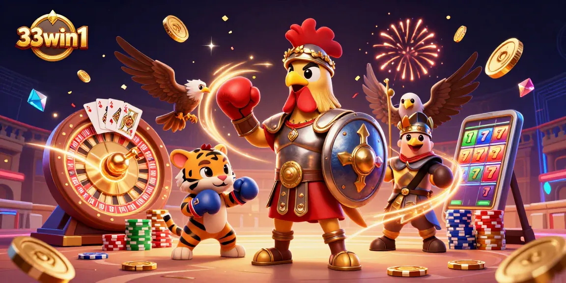 Engage with thrilling games at 33win1 showcasing a gladiator rooster rooster and tiger cub in a vibrant casino.