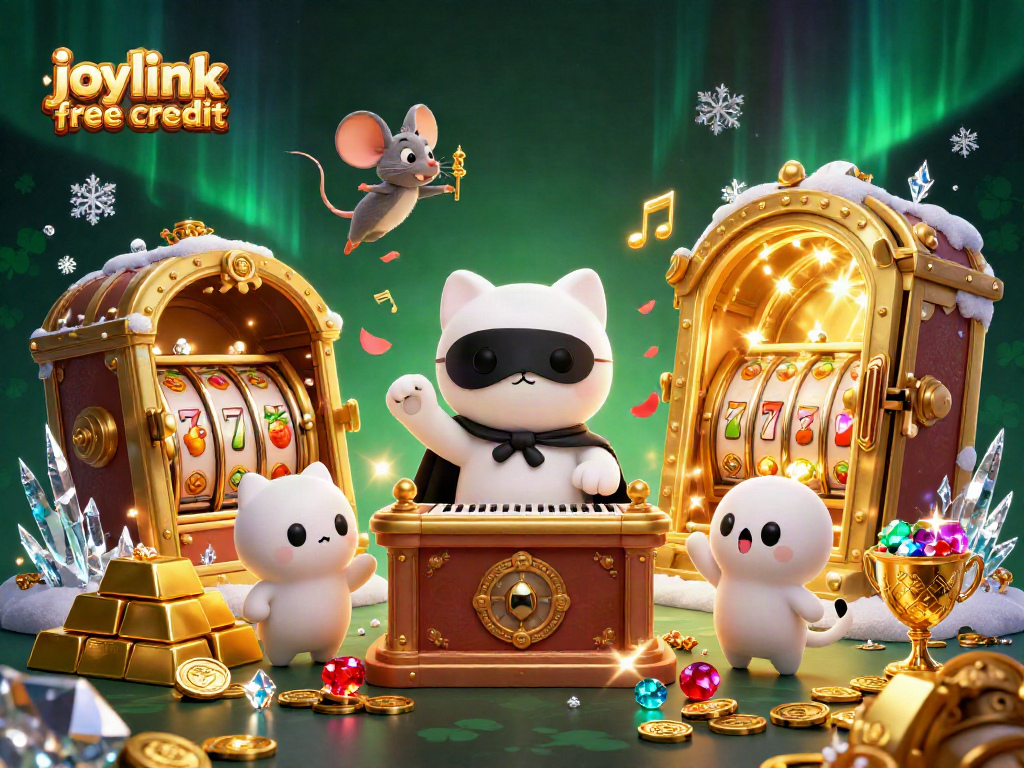 Spin the reels to win with joylink free credit in a vibrant casino illustration featuring a whimsical scene.