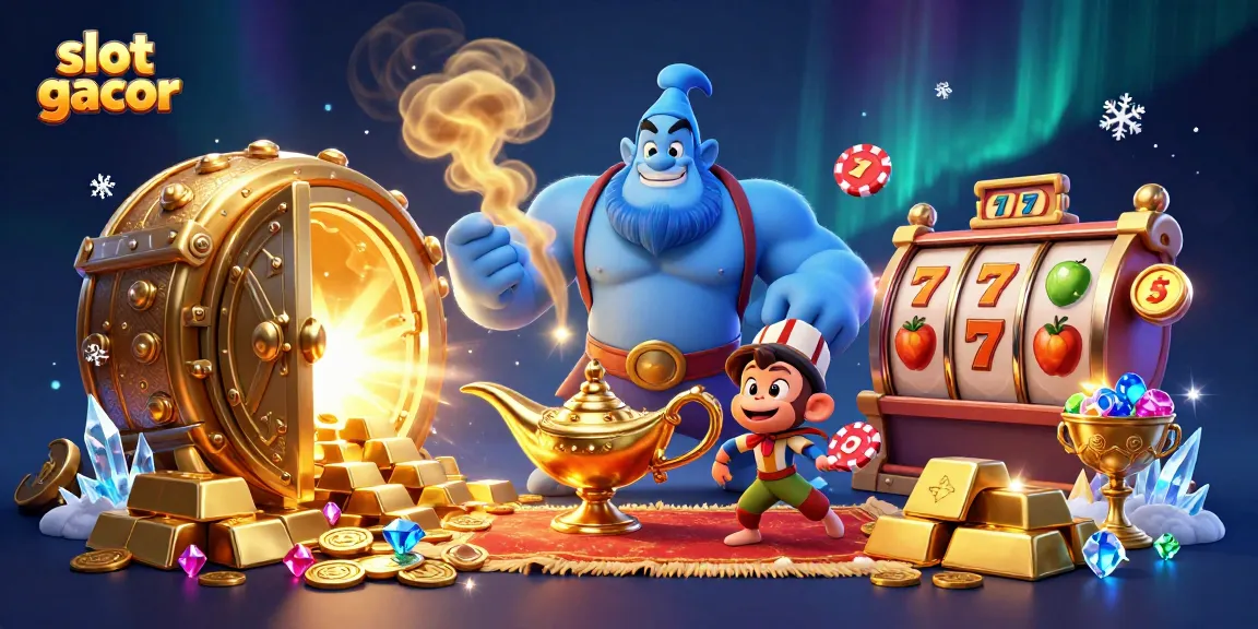 Spin the slot gacor reels with a loaded genie bursting forth from treasure in this vibrant casino scene.