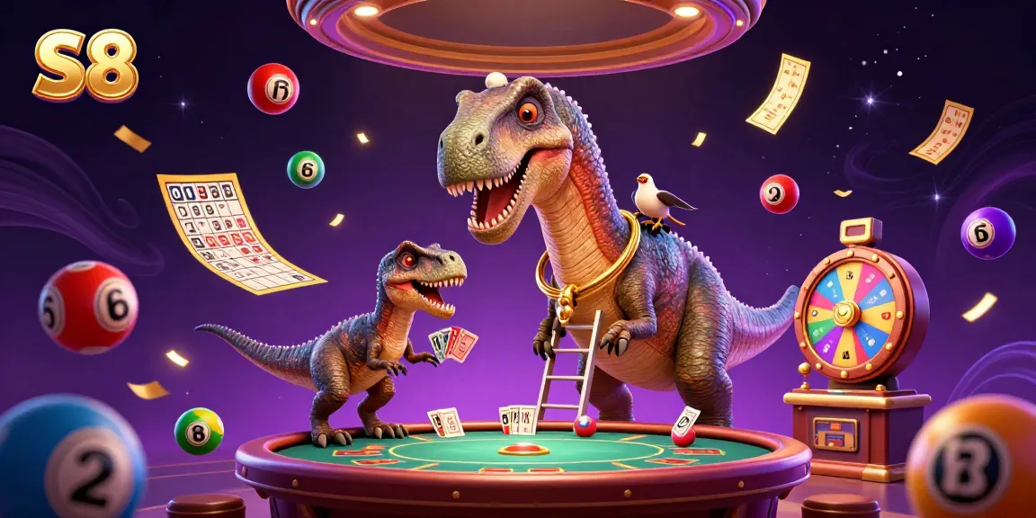 S8 experience vibrant energy with a brontosaurus and raptor in a lively casino scene.
