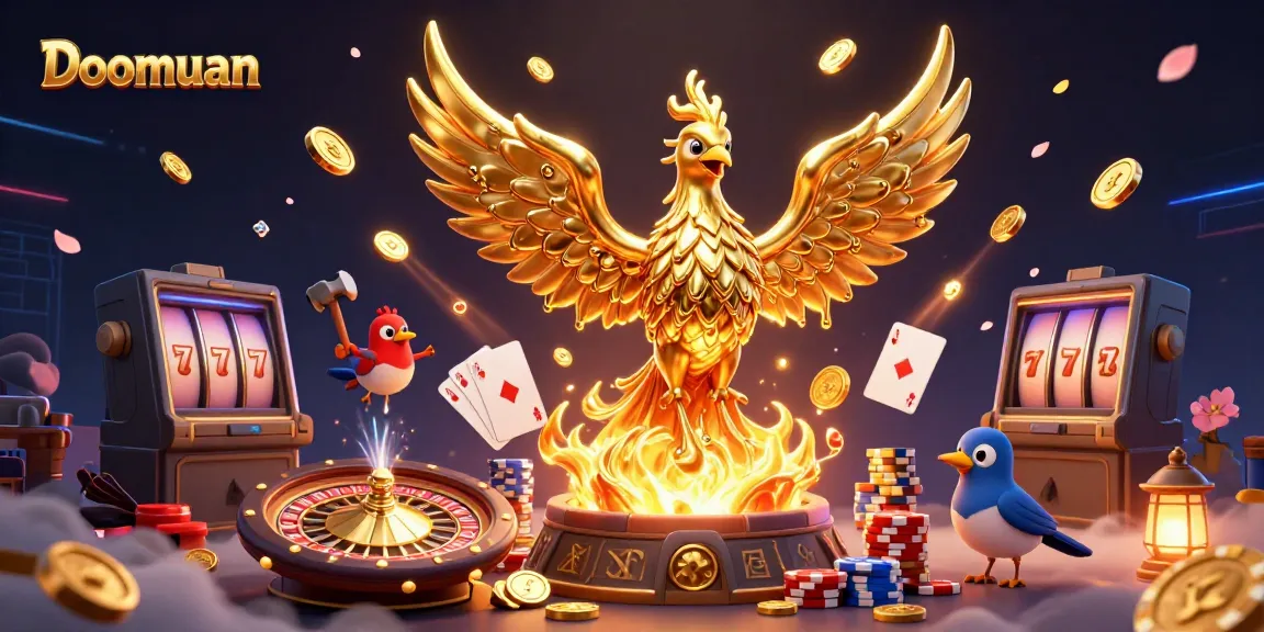 Doomuan engages players with an enchanting phoenix amid cascading gold and vibrant casino elements.