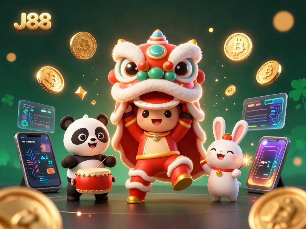 Experience J88's gaming thrill with vibrant lion dance characters and crypto coins in action.
