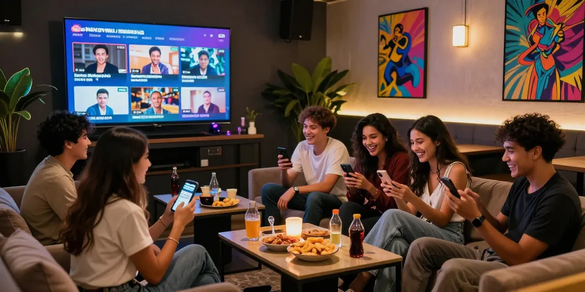 Engaging scene of friends enjoying bokep viral indonesia videos in a modern lounge.