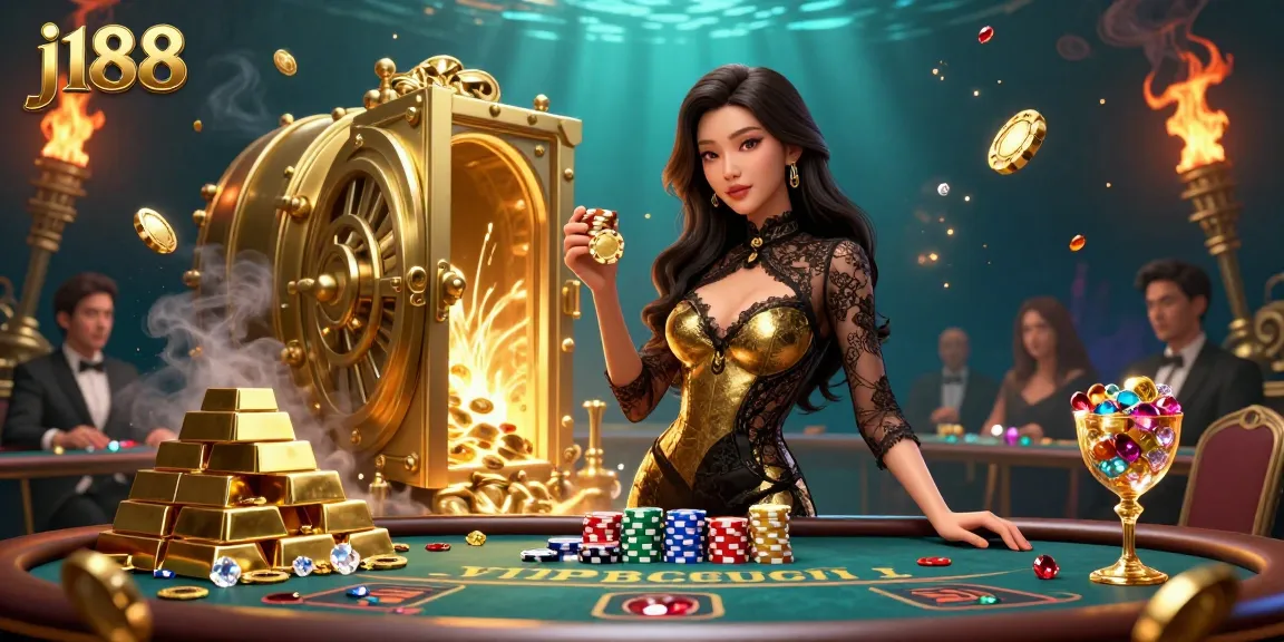 Join the exciting action at j188's exclusive baccarat table with glamorous players and golden treasures.