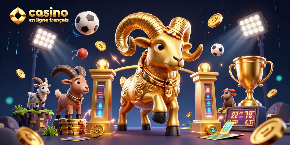 Le casino en ligne français offre une expérience immersive avec un bélier doré s'élançant vers une porte en or, entouré de célébrations sportives et de pièces en or.