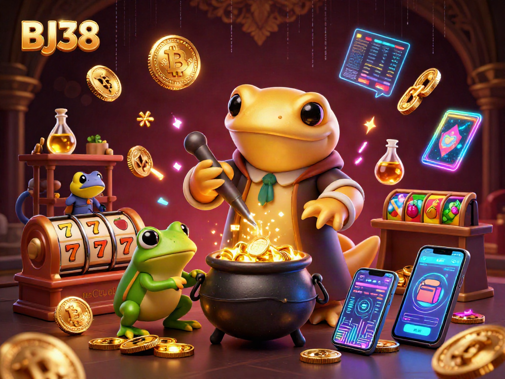 BJ38 showcases a vibrant 3D scene where an alchemist transforms metals into gold coins, highlighting the excitement of online gambling.