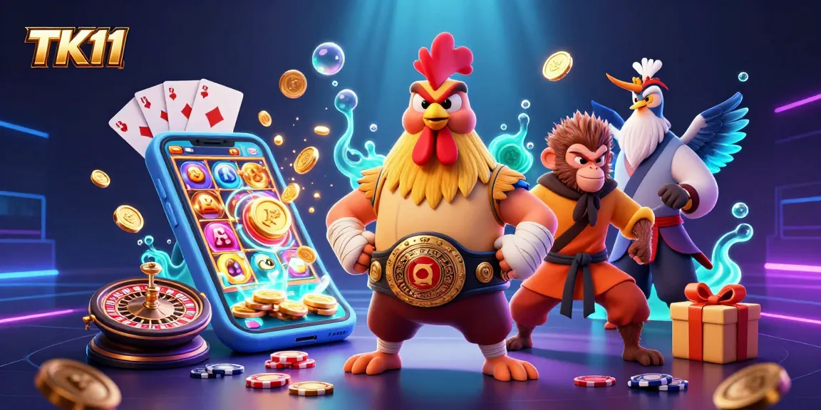TK11 enhances your gaming experience with 3D slot action and vibrant characters in this colorful illustration.