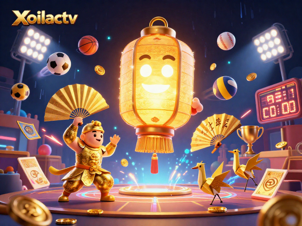 Xoilactv showcases a giant golden lantern spirit and lucky symbols in a vibrant casino scene