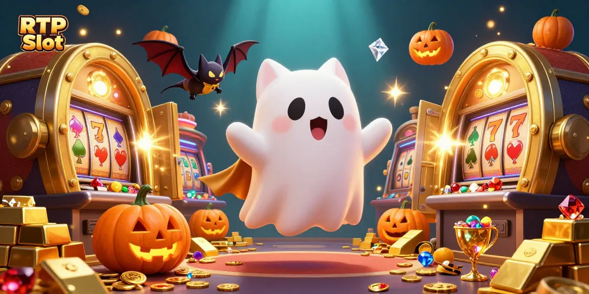 Experience thrilling gameplay with RTP Slot featuring a friendly ghost cat and a vampire bat amidst riches and vibrant casino symbols.