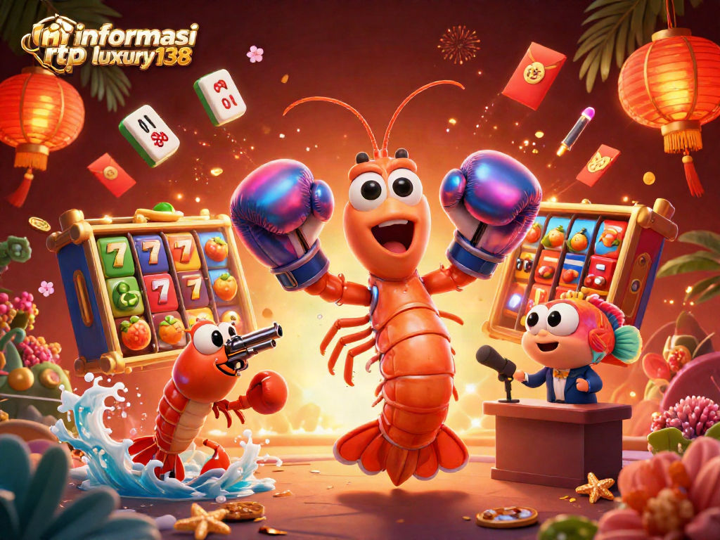 Menampilkan informasi rtp luxury138 dalam ilustrasi kasino dengan karakter 3D mantis shrimp dan elemen permainan slot.