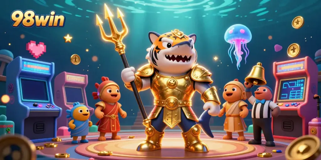 Engage with the thrilling underwater world of 98win, showcasing a dynamic gaming scene with vibrant characters.