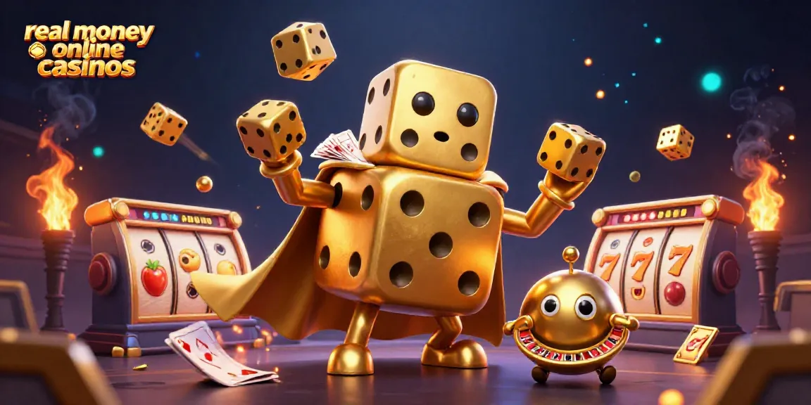 Experience the thrill of real money online casinos with a golden dice golem and vibrant gaming elements.