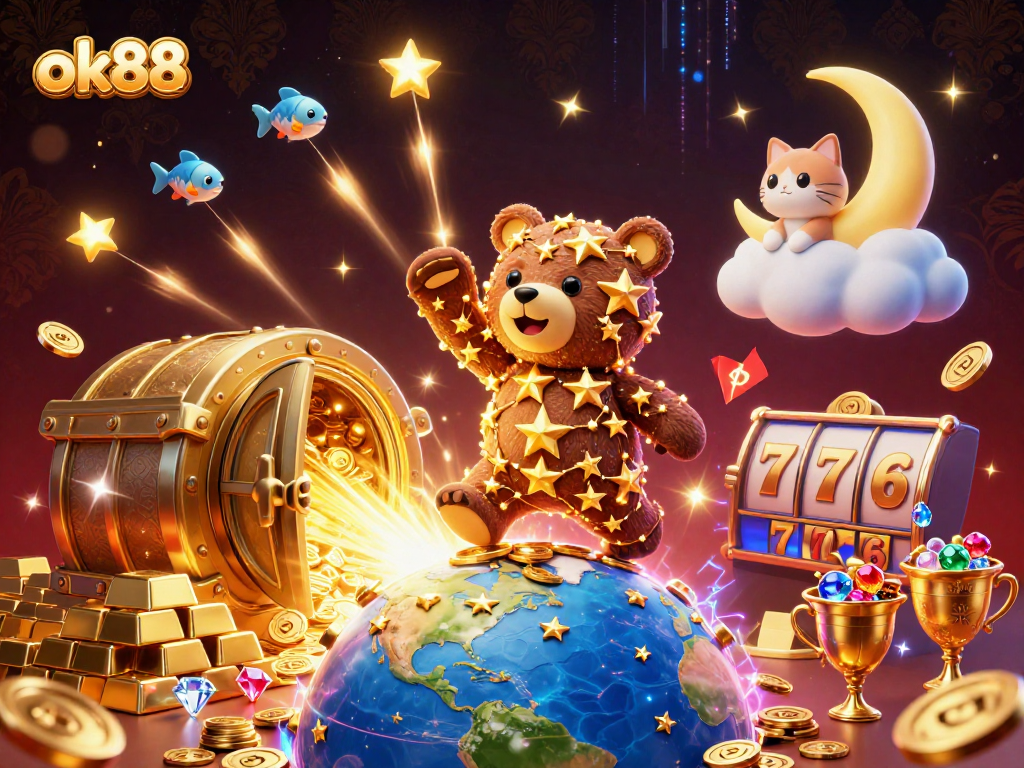 ok88 features a cosmic scene with a constellation bear and gold coins, celebrating online slots.