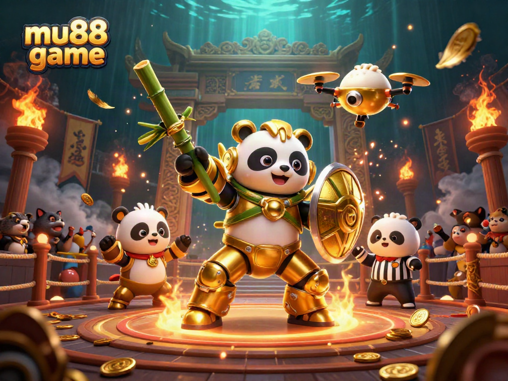 Engage with the mu88 game experience featuring a mech-suit panda in an energetic casino arena.