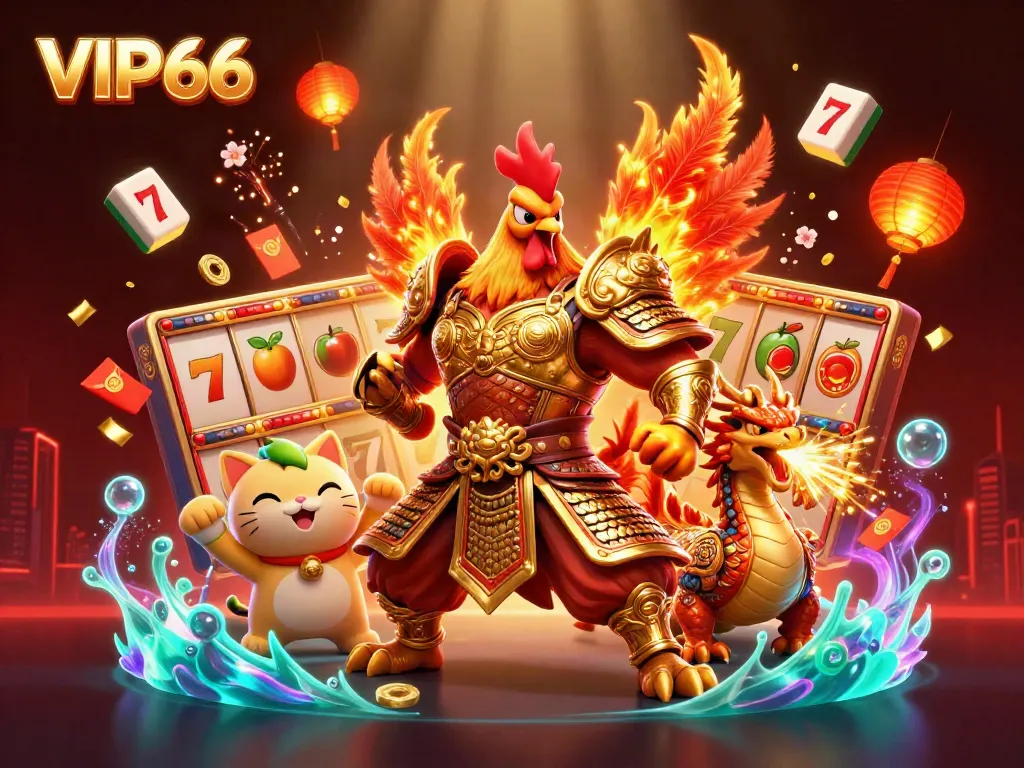 Engage in thrilling gameplay at VIP66 with a dynamic illustration of a rooster warrior and dragon hatchling.