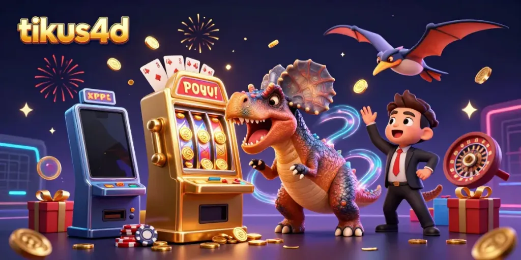 Experience the thrill of tikus4d as a pachycephalosaurus hits a jackpot slot machine amidst flying coins and excitement.