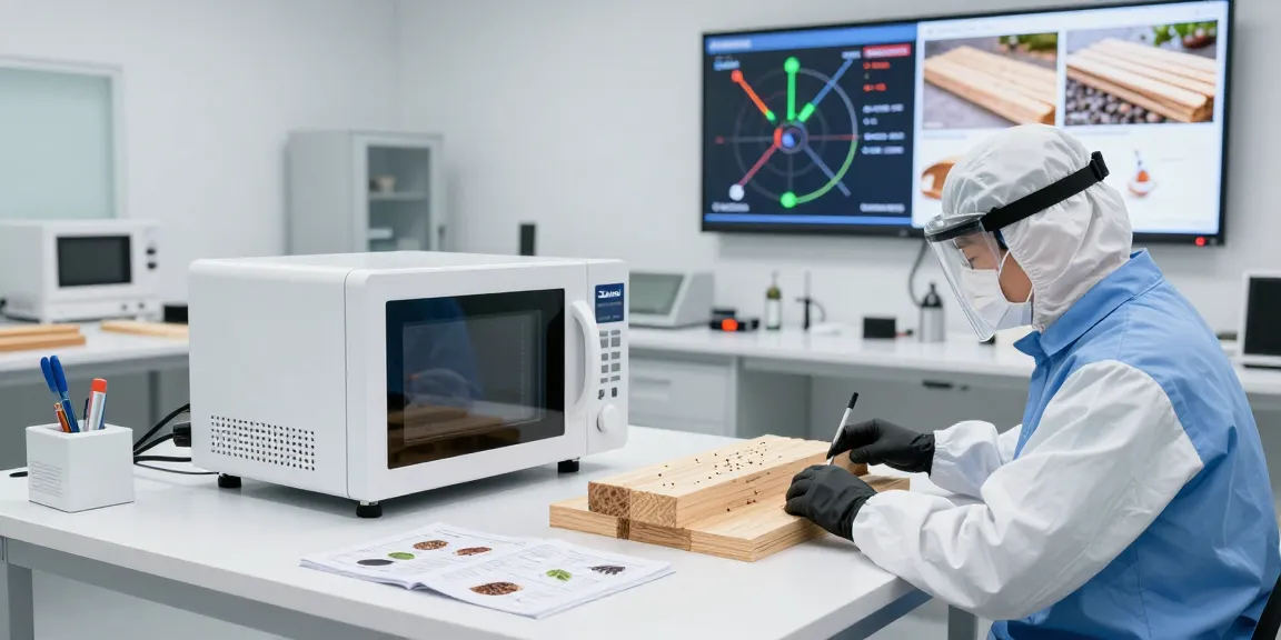 Shashel microwave technology in action for pest elimination in a modern wood treatment workshop.