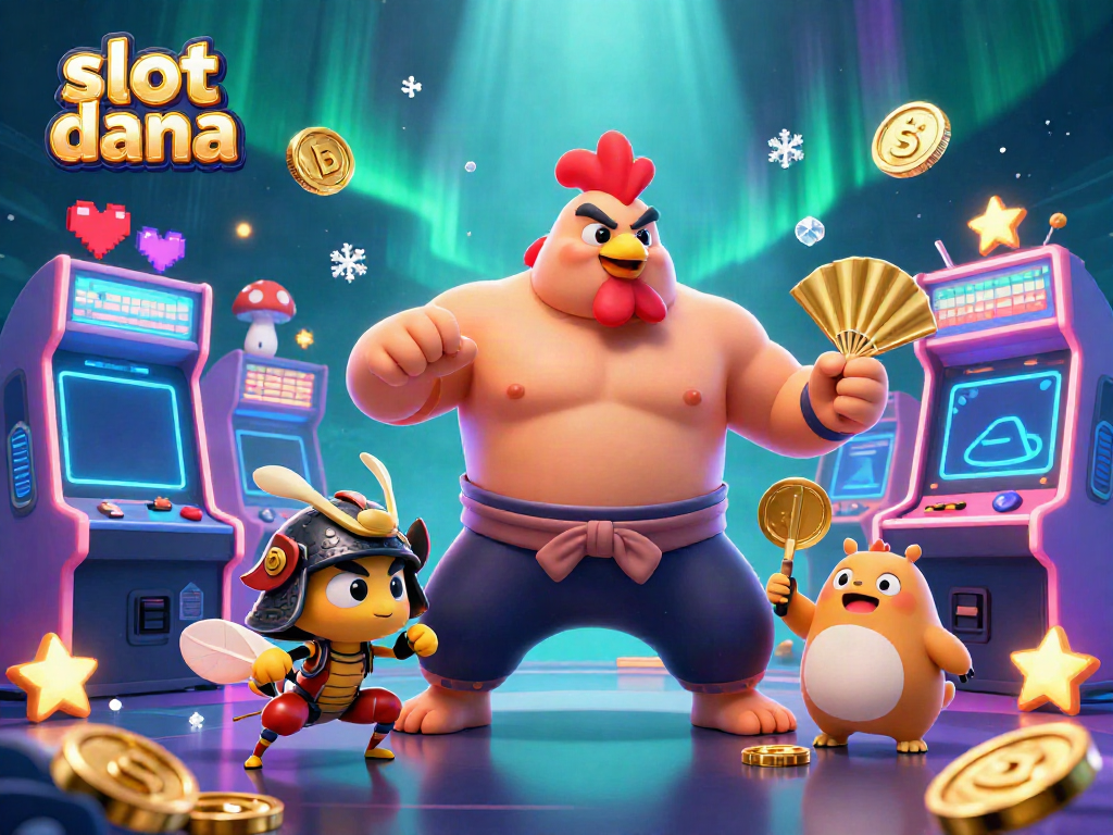 Slot dana menampilkan ilustrasi kasino yang cerah dan dinamis dengan karakter menarik.
