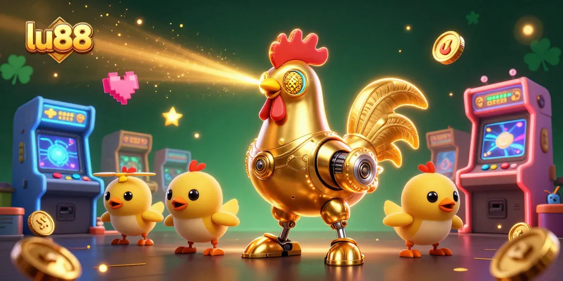 Experience exhilarating gameplay at lu88 with golden rooster robot and arcade machines.