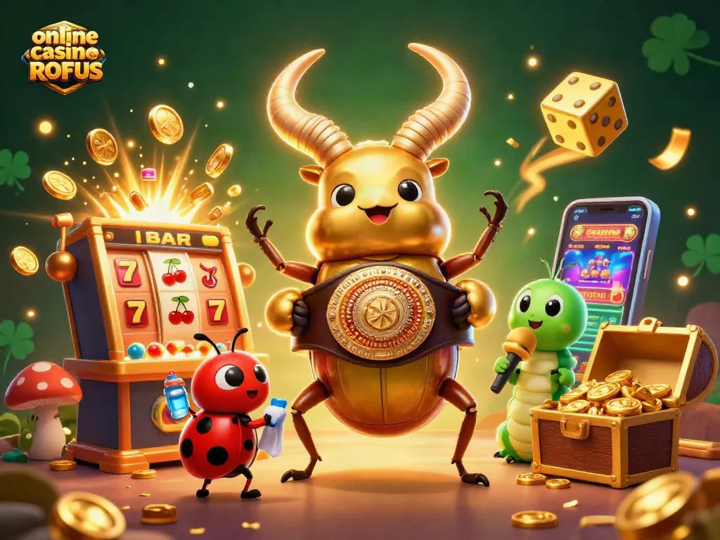 Engage with the vibrant scene of an online casino uden ROFUS featuring cartoon characters in a dynamic illustration.