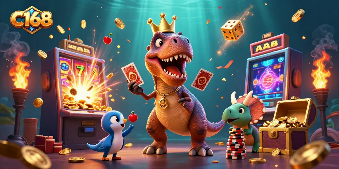 Experience thrilling gaming moments at C168 with a vibrant scene of a playful T-Rex and friends in a dazzling casino.